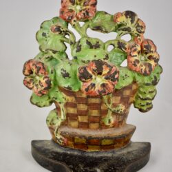 Cast Iron Checkered Pot of Geraniums Painted Doorstop